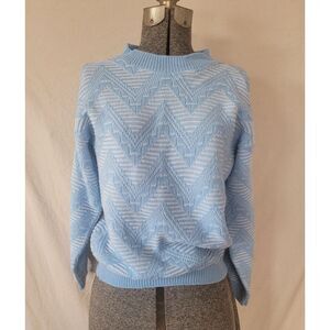 Vintage 60s 70s Baby Blue And White Geometric Sweater Made‎ In USA